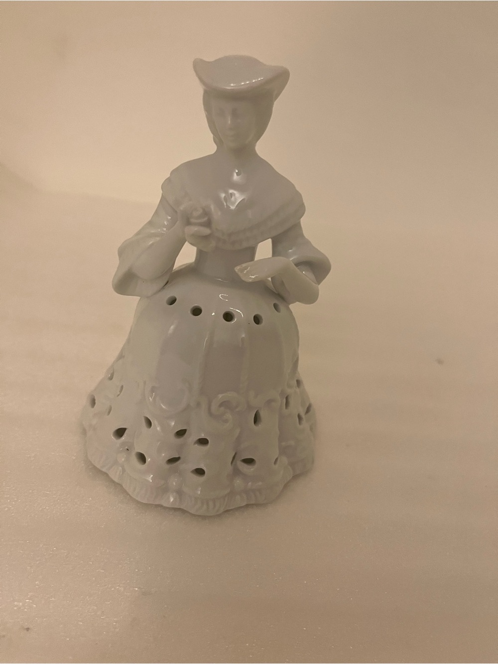 Unmarked Porcelain Lady Figurine Bell, White, Pierced Glossy Finish
